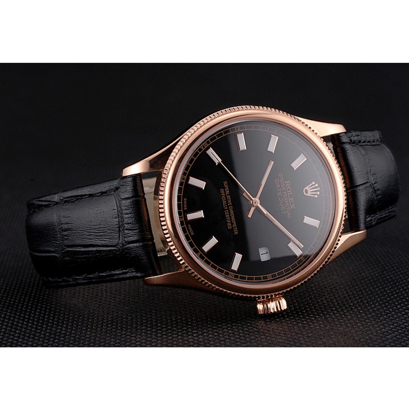 Best AAA Replica Sites Case Gold Rose Swiss Black Strap Black Rolex Dial Datejust Leather 0629